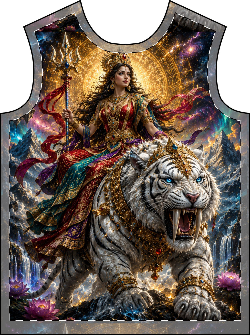 Parvati Riding White Tiger All-Over Print Men's T‑Shirt — Hindu Goddess Illustration