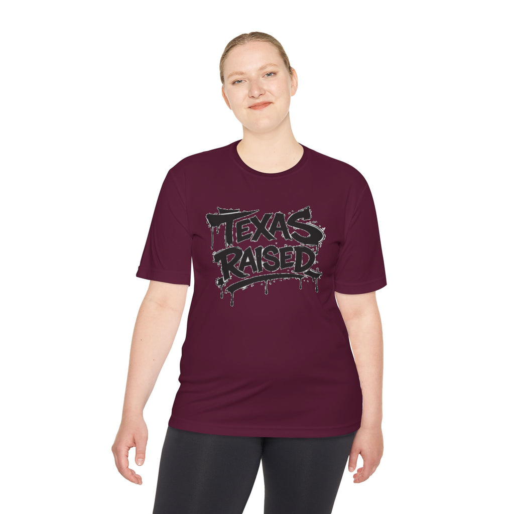 Texas Raised Moisture-Wicking Tee — Bold Graffiti State Pride Shirt
