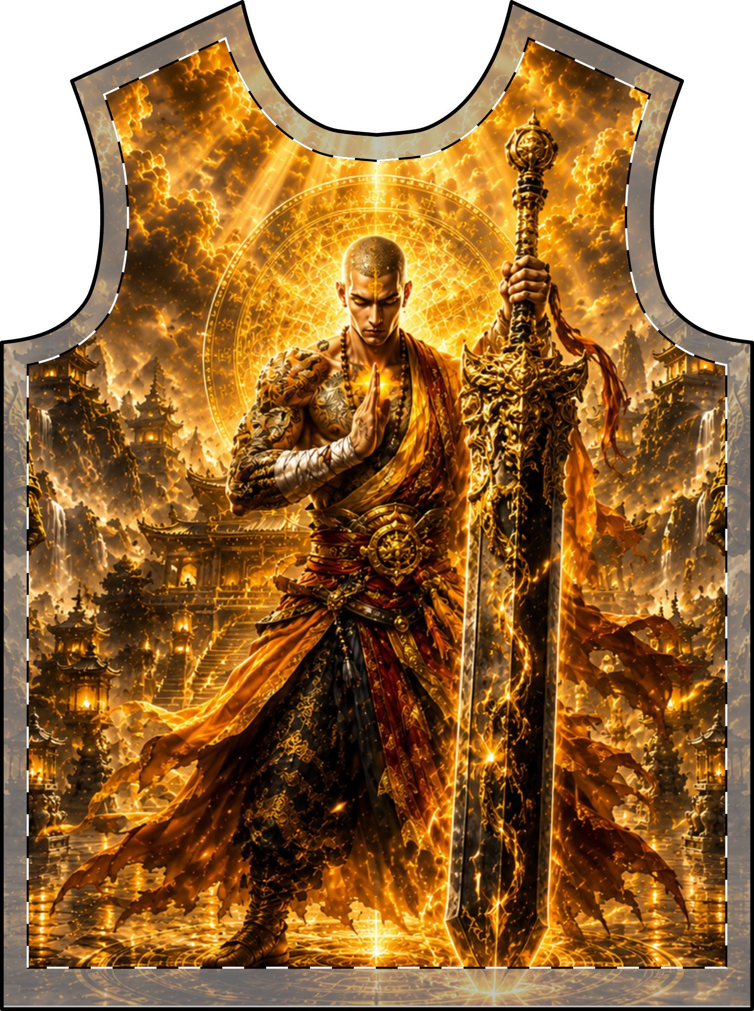 Men's T-Shirt — Golden Warrior Monk Graphic Tee with Sword | Fantasy Battle Spiritual Vibe