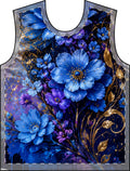 Blue Floral All-Over Print T-Shirt Top — Vintage Gold Accent Floral Design