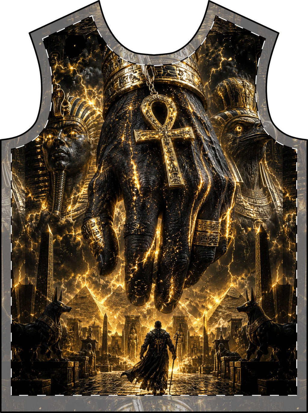 Egyptian Ankh Fantasy T-Shirt — Golden Pharaoh Warrior All-Over Print